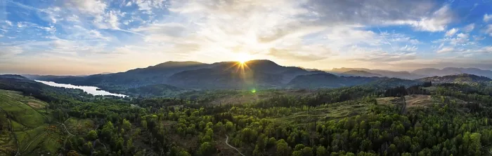 Framed Print : Panorama of Sunset over Mountains and Coniston Water from drone Framed Print : Panorama of Sunset over Mountains and Coniston Water from drone