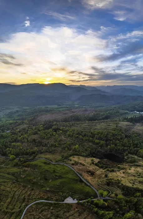 Framed Print : Panorama of Sunset over Mountains and Coniston Water from drone