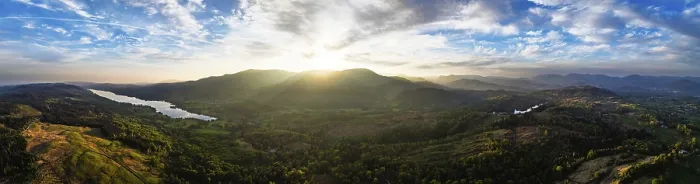 Framed Print : Panorama of Sunset over Mountains and Coniston Water from drone Framed Print : Panorama of Sunset over Mountains and Coniston Water from drone