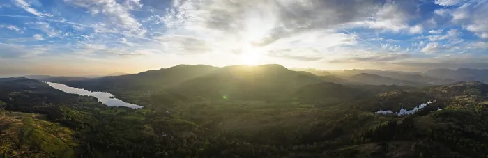 Framed Print : Panorama of Sunset over Mountains and Coniston Water from drone