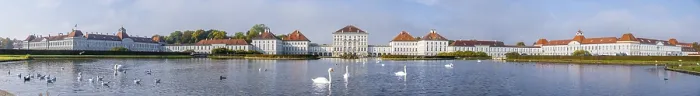 Framed Print : Panorama, swans swimming in front of Nymphenburg Palace