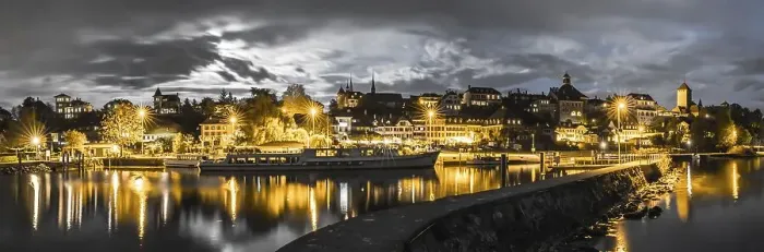 Framed Print : panorama view of the Swiss city Murten and harbor skyline at night under a full moon