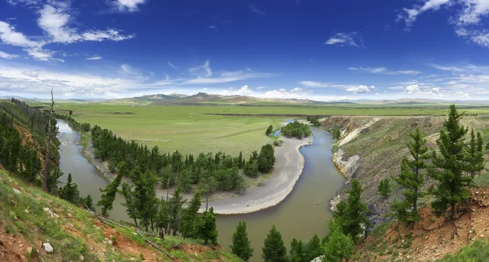 Framed Print : Panorama view of valley with Orkhon river bend