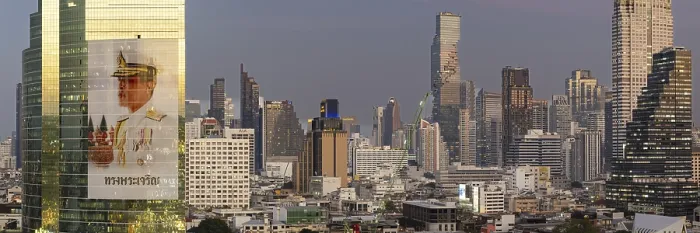 Framed Print : Panorama from the viewing platform of the Iconsiam on CAT Tower with huge billboard of the Thai King Maha