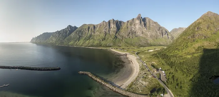 Framed Print : Panoramic aerial view of campsite at beach Ersfjordstranden