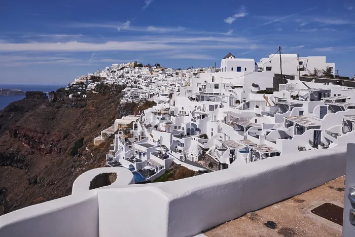 Framed Print : Panoramic Aerial View of Fira Village in Santorini Island Framed Print : Panoramic Aerial View of Fira Village in Santorini Island