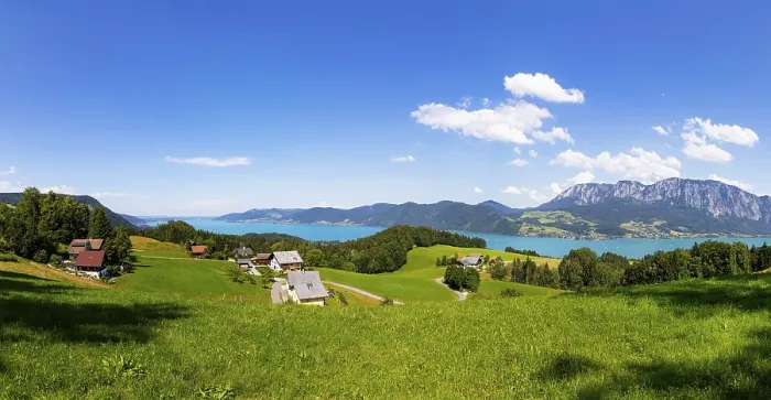 Framed Print : Panoramic view over the Attersee with Hoellengebirge
