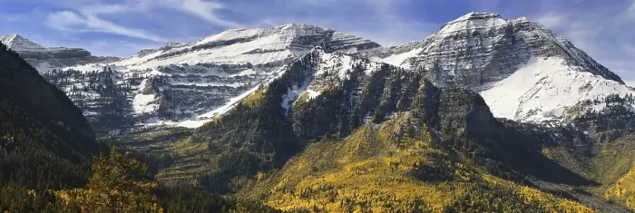 Framed Print : Panoramic view of autumn colors below the snow capped peaks of Mount Timpanogos as seen from the Alpine Loop