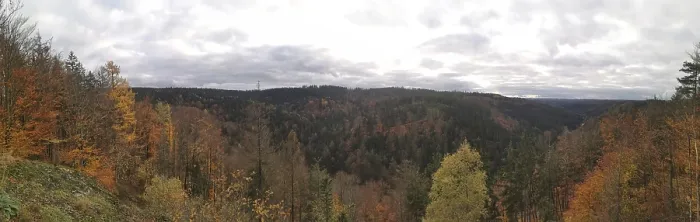 Framed Print : Panoramic view of an autumn forest with hills and cloudy sky Framed Print : Panoramic view of an autumn forest with hills and cloudy sky