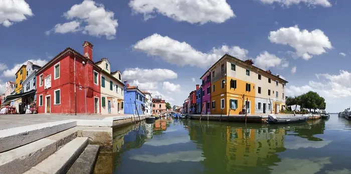 Framed Print : Panoramic view of the city with colorfully painted houses and canals of Burano Framed Print : Panoramic view of the city with colorfully painted houses and canals of Burano