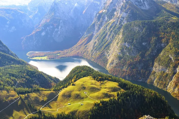 Framed Print : Panoramic view of Lake Konigssee surrounded by colorful autumn mountains