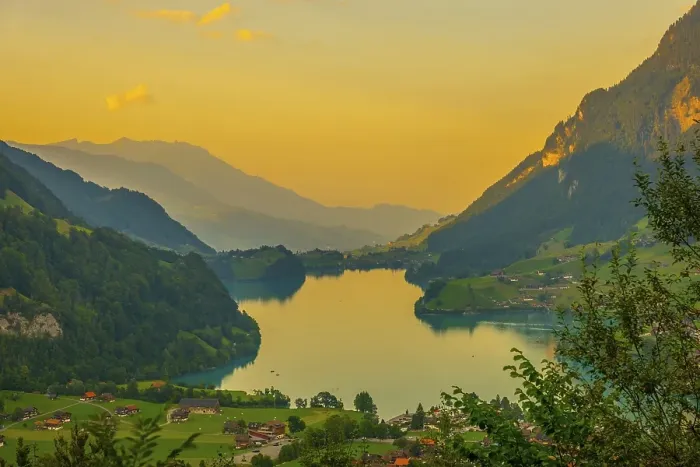 Framed Print : Panoramic View over Lake Lungern and Village with Mountain in Sunset in Lungern Framed Print : Panoramic View over Lake Lungern and Village with Mountain in Sunset in Lungern