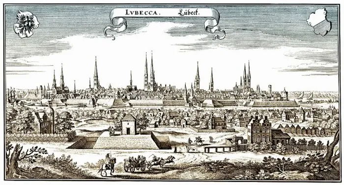 Framed Print : Panoramic view of Luebeck, 17th Century Framed Print : Panoramic view of Luebeck, 17th Century