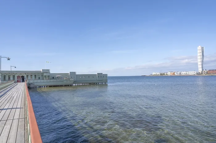 Framed Print : Panoramic view from the Ribersborg bathhouse over the water surface of the Oresund to the striking