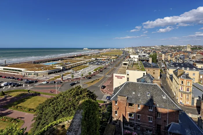 Framed Print : Panoramic view of the town and coast with promenade and hotels under a clear sky Framed Print : Panoramic view of the town and coast with promenade and hotels under a clear sky