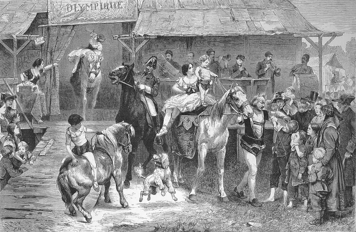 Framed Print : Parade in front of the circus, horses and acrobats amuse children and adults