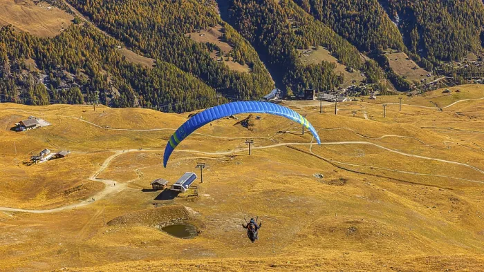 Framed Print : A paraglider takes off from the summit of Corne de Sorebois Framed Print : A paraglider takes off from the summit of Corne de Sorebois