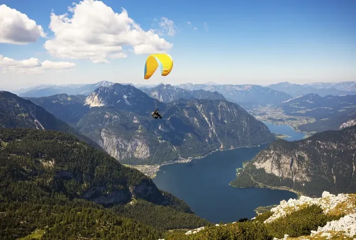 Framed Print : Paragliding on the Krippenstein with Hallstaettersee