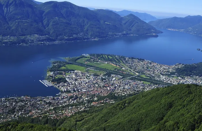 Framed Print : Paragliding above Lake Maggiore in Ticino with Locarno and Ascona