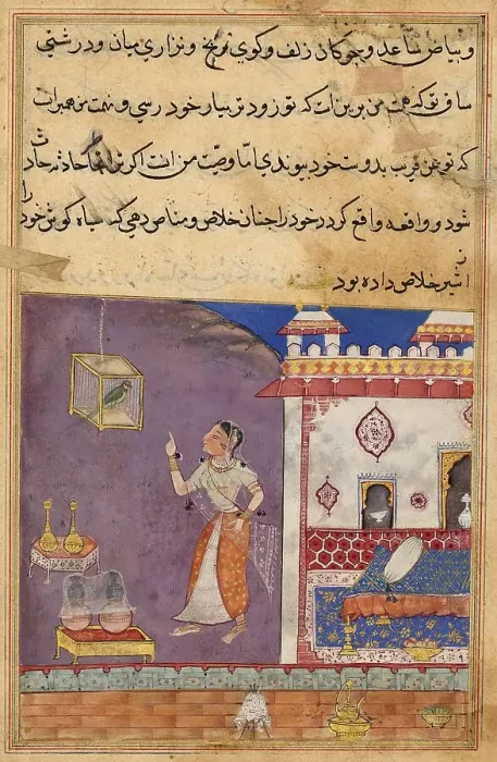 Framed Print : The parrot speaks to Khujasta at the beginning of the twenty-ninth night