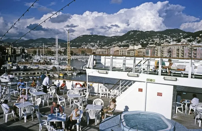 Framed Print : Passengers on deck of the cruise ship Swan Hellenic in Nice, France 1998 Framed Print : Passengers on deck of the cruise ship Swan Hellenic in Nice, France 1998