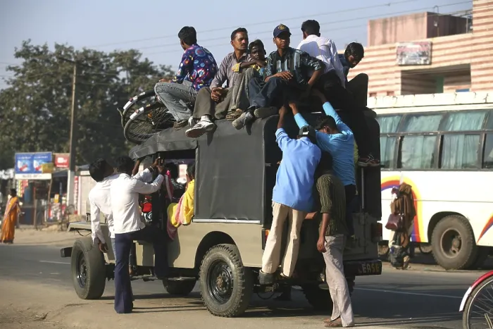 Framed Print : Passengers sitting on top of jeep used local transport system in Jharkhand
