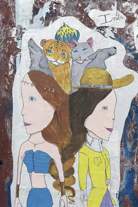 Framed Print : Paste-up, two friends with pets Framed Print : Paste-up, two friends with pets