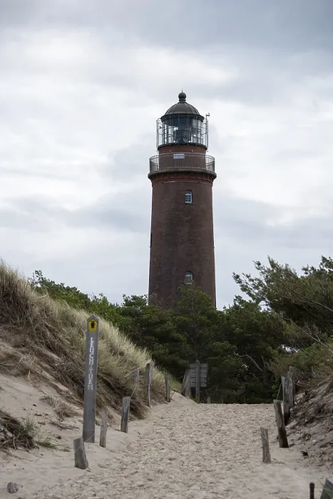 Framed Print : Path through sand dunes leads to the DarBer Ort lighthouse Framed Print : Path through sand dunes leads to the DarBer Ort lighthouse