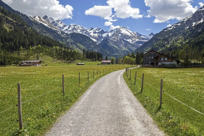 Framed Print : Path in Stillachtal, behind mountains of the Allgaeu Alps Framed Print : Path in Stillachtal, behind mountains of the Allgaeu Alps