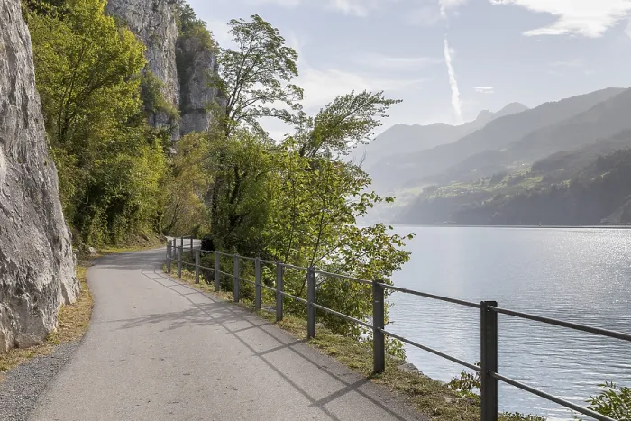 Framed Print : Path with a view along the steep rock faces on the northern shore of Lake Walen Framed Print : Path with a view along the steep rock faces on the northern shore of Lake Walen