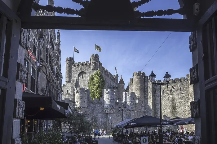 Framed Print : Pavement cafe and medieval Gravensteen Framed Print : Pavement cafe and medieval Gravensteen