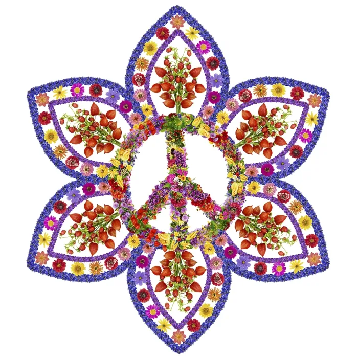 Framed Print : Peace floral and love mandala made from summer flowers