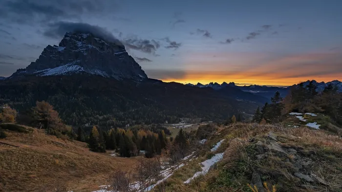 Framed Print : Peak of Monte Pelmo at sunrise with autumn landscape Framed Print : Peak of Monte Pelmo at sunrise with autumn landscape
