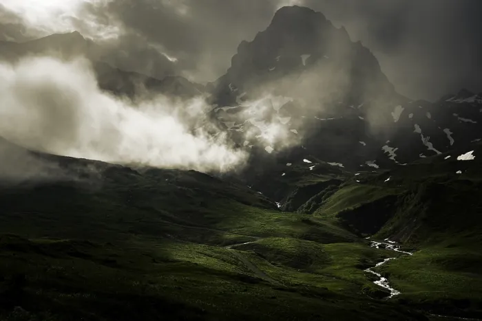 Framed Print : Peaks in the morning light and alpine landscape with dramatic clouds Framed Print : Peaks in the morning light and alpine landscape with dramatic clouds