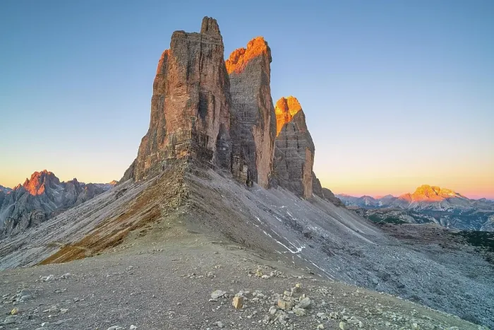 Framed Print : Three Peaks in the morning light, summit glow, Forcella Lavaredo, Sesto Dolomites, South Tyrol, Italy, Europe