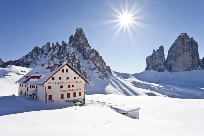 Framed Print : Three Peaks Mountain Hut in front of the Three Peaks and Paternkofel Mountain
