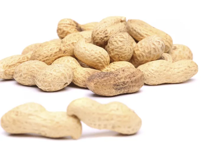 Framed Print : Two peanuts in closeup on the peanut background