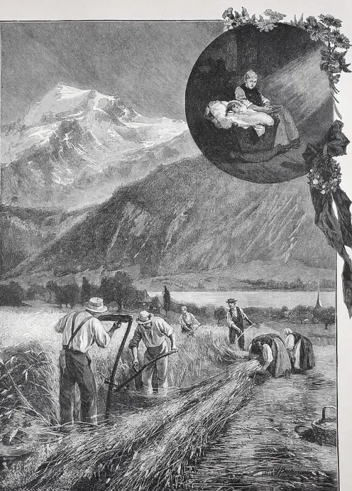 Framed Print : Peasants harvesting the grain of a widow in a mountainous landscape