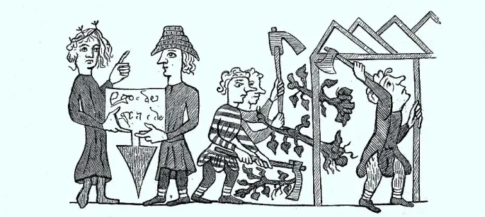 Framed Print : Peasants found a new village, the village lord gives the master builder the right of inheritance from a deed Framed Print : Peasants found a new village, the village lord gives the master builder the right of inheritance from a deed