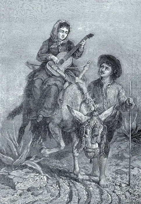 Framed Print : Peasants in Spain, she is riding a donkey and playing the guitar Framed Print : Peasants in Spain, she is riding a donkey and playing the guitar