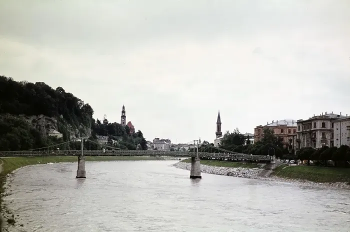 Framed Print : Pedestrian bridge Muellner Steg, bridge over the Salzach, Salzburg, Austria, Europe 1960, Europe
