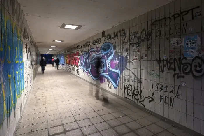 Framed Print : Pedestrian subway with graffiti on the walls