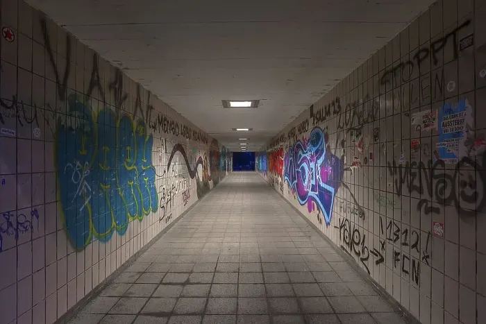 Framed Print : Pedestrian subway with graffiti on the walls