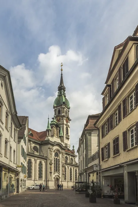 Framed Print : Pedestrian zone and St Nicholas Catholic Church in the historic old town Framed Print : Pedestrian zone and St Nicholas Catholic Church in the historic old town