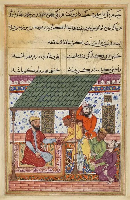 Framed Print : The four penniless friends go to a wise man who gives them each a magic shell to put on their turbans