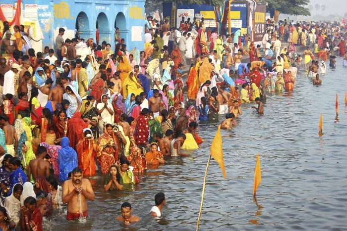 Framed Print : People bathing at ghat, Deo, Bihar