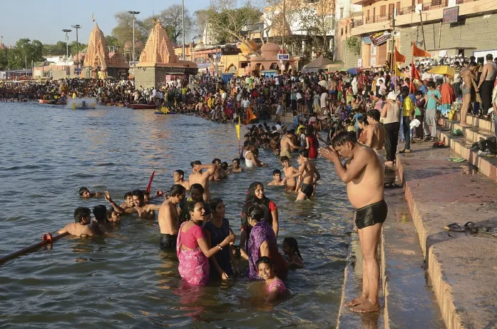 Framed Print : People bathing in shipra river