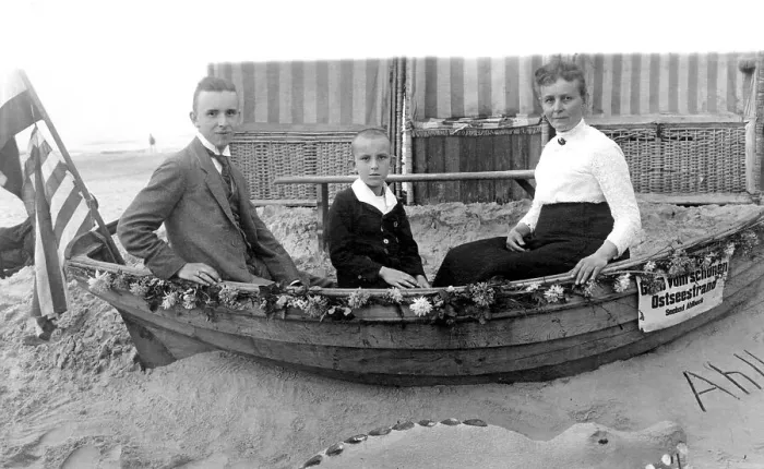 Framed Print : Three people in a boat, historic photograph Framed Print : Three people in a boat, historic photograph