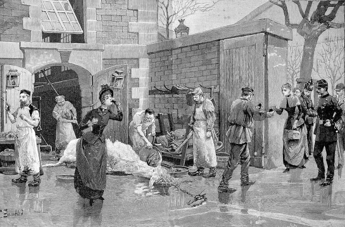 Framed Print : People drinking blood in a slaughterhouse in Paris in 1880