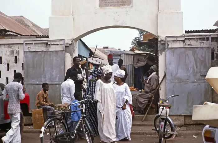 Framed Print : People at the entrance gate to the Royal Albert Market, Banjul, Gambia, Africa, 1978, Africa Framed Print : People at the entrance gate to the Royal Albert Market, Banjul, Gambia, Africa, 1978, Africa